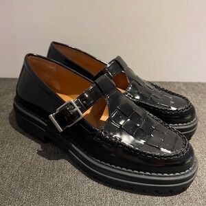 Chelsea & Violet Blk Patent Leather Woven T-Strap Lug Sole Mary Jane Loafers 8M